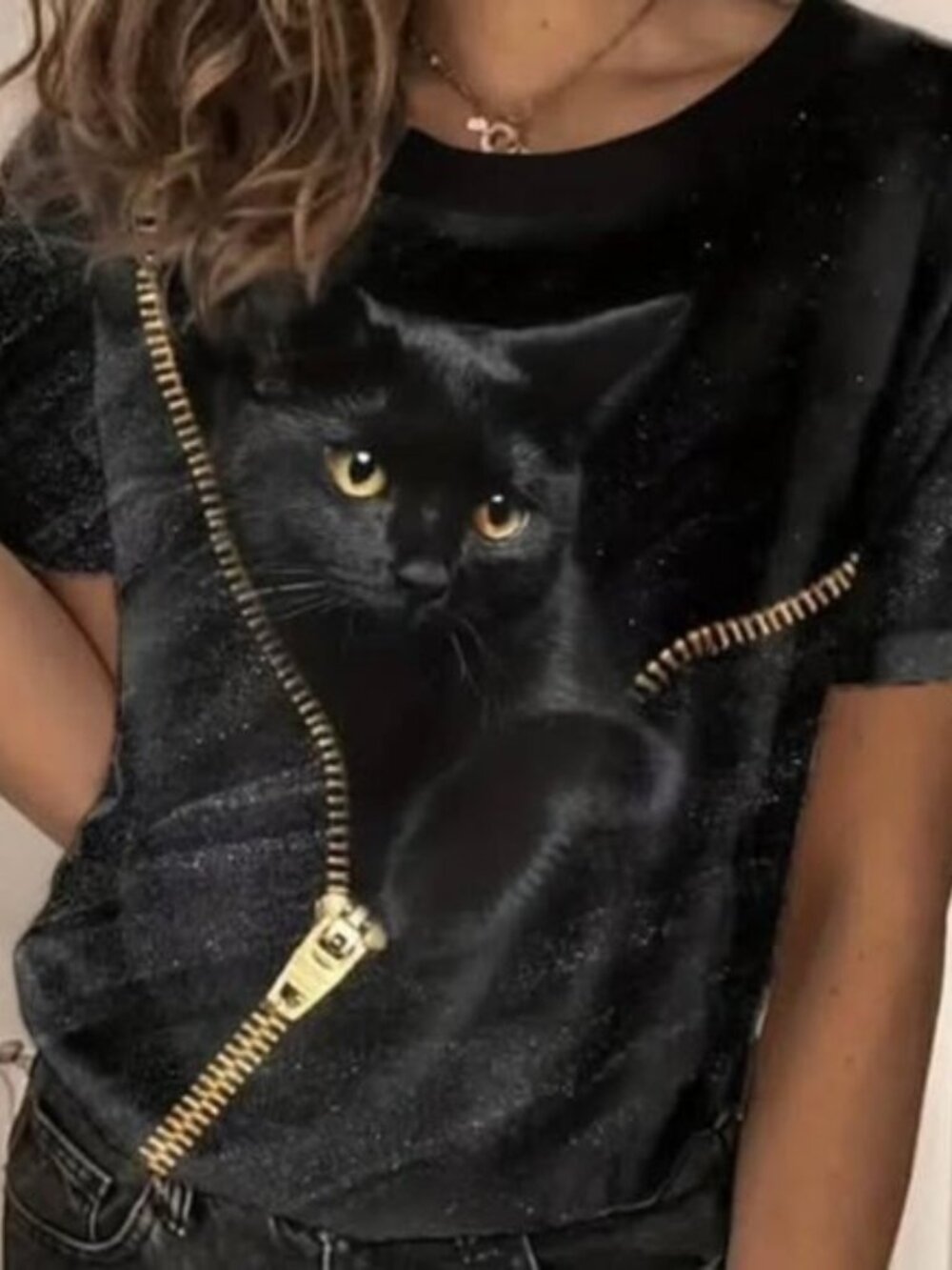 Ladies XXL Cat Face with zipper design t shirt NEW 10.00
